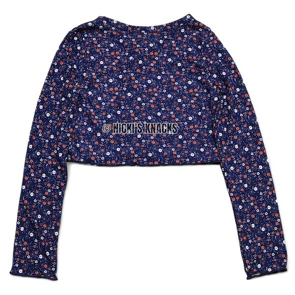 4/$20 - Kensie Girl Long Sleeve Floral Crop Top Navy Blue Button Front Size 12 - Picture 4 of 8